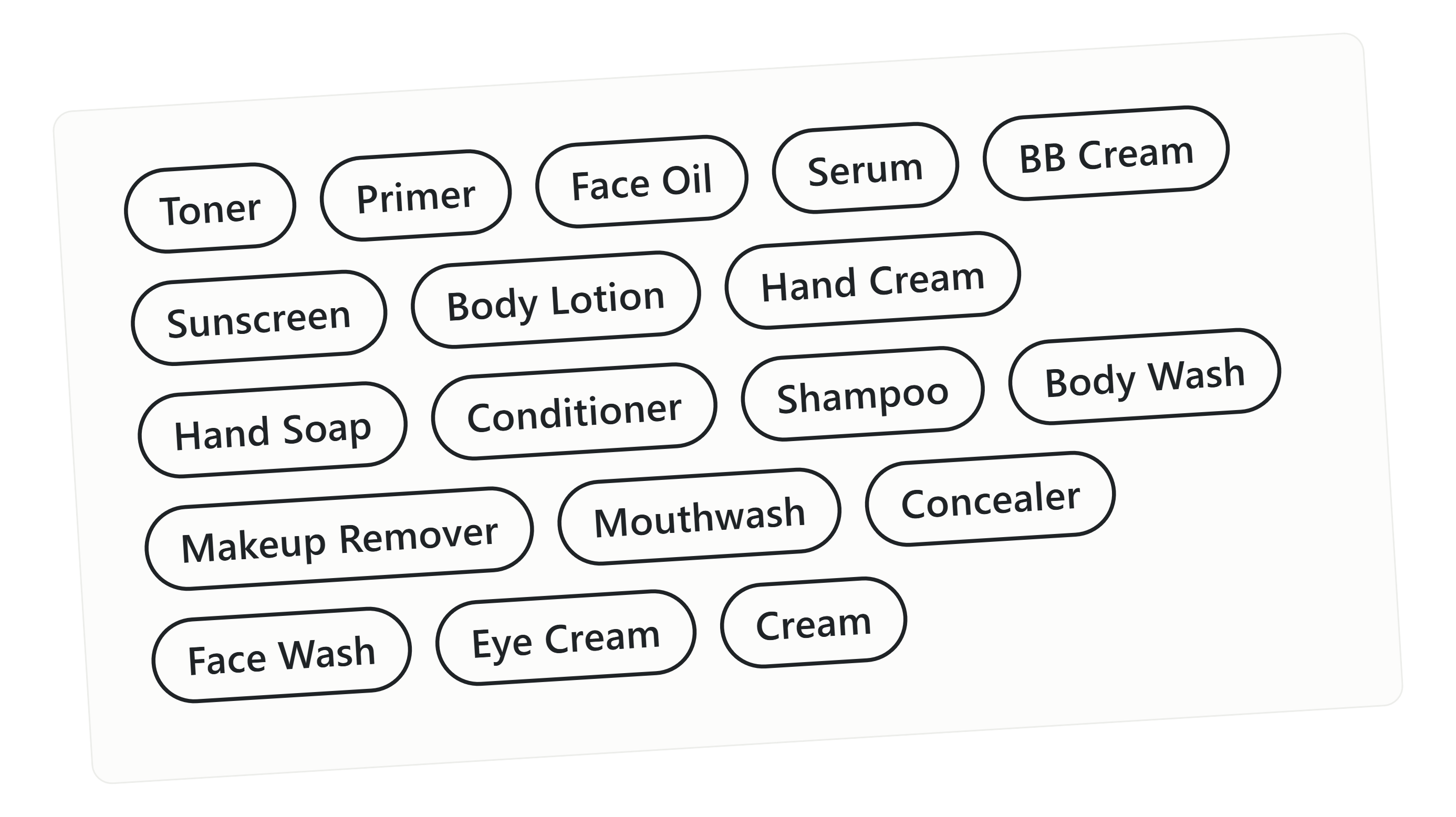 Cartela de etiquetas com nomes como Toner, Serum, Face Oil e Sunscreen