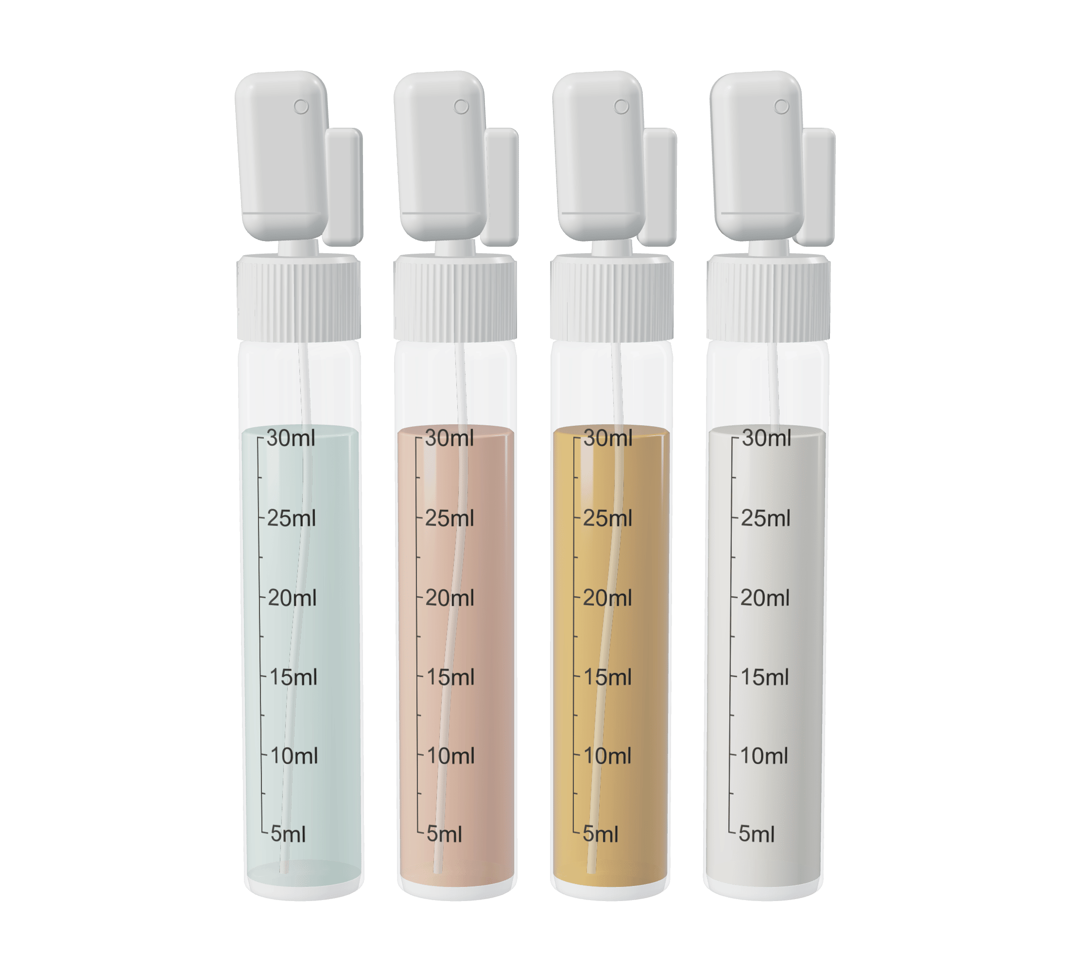 Quatro frascos de 30 ml com escala de 5 a 30 ml e bico dosador, com tônico, sérum, óleo e protetor solar